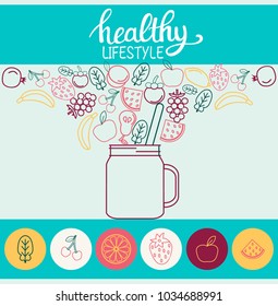 Vector smoothie detox poster in trendy linear flat style spinach with fruit, jar and  Lettering text healthy lifestyle. 