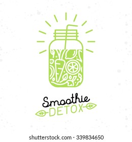 Vector Smoothie Detox Poster In Trendy Linear Flat Style - Glass With Fruit Juice For Detox And Healthy Lifestyle