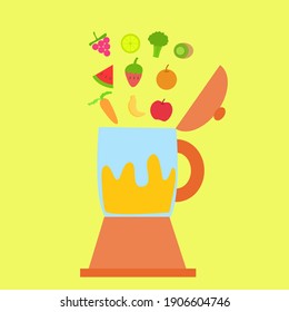 Vector smoothie illustration.Juicer blender or squeezer kitchens, restaurants and cafes.Mixer and juice.Set of fruits and vegetables for food and drinks.