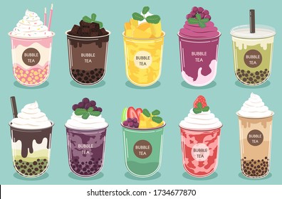 Vector of smoothies There are various types of tea Pearl milk tea, green tea, matcha milk, cocoa brownies and fruit, consisting of mixed fruit flavors, blueberry whipped, mango,Fresh strawberries.