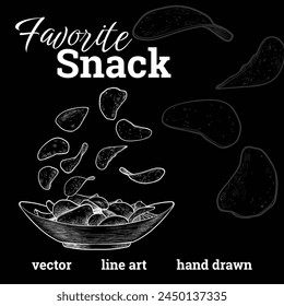 Vector snack chips, crisps hand drawn, line art on white background. 