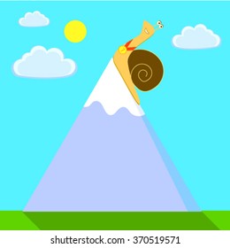 Vector snail with a gold medal climbing on top of a mountain. Winner concept. Persistence concept. Achievement, leadership, personal development concept. Successful and happy cartoon snail.