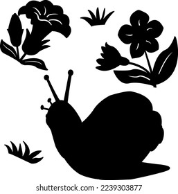 Vector snail icon. Black icons of snail, flowers, and grass on white background
