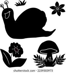 Icono del caracol vector. Caracol, setas, flores e íconos de pasto negro sobre fondo blanco