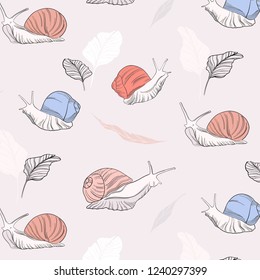 Vector snails wildlife illustration and hand drawn shapes. Childish cute doodle texture. Great for fabric, textile. Mollusk background Illustration