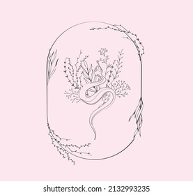 Serpiente vectorial con ramas y flores para la impresión de camisetas o arte en la pared de tatuajes. Hierba de bodas dibujada a mano. Verdor botánico de moda