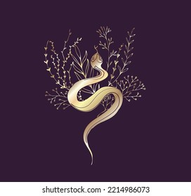 Vector snake with branch and flowers for tattoo t-shirt print or wall art. Hand drawn wedding herb. Botanical rustic trendy greenery