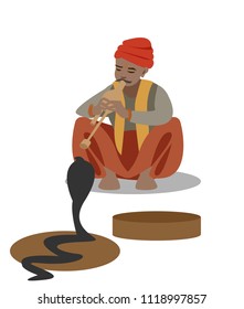 vector of snake charmer playing and waving around an instrument called a pungi in india.