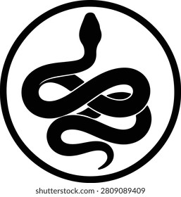 Vector Snake coiled black and white emblem in circle silhouette illustration