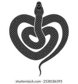 Serpiente de Vector enrollada en una espiral en forma de un símbolo de corazón. Ilustración de la silueta animal negra. Diseño de tatuaje de serpiente aislado sobre fondo blanco.