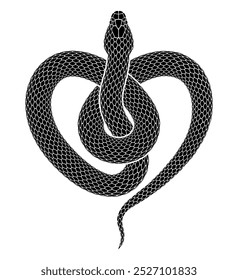 Vector snake curled up in the form of a heart symbol. Illustration of black animal silhouette. Serpent tattoo design isolated on white background.