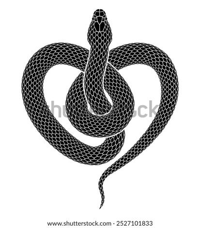 Vector snake curled up in the form of a heart symbol. Illustration of black animal silhouette. Serpent tattoo design isolated on white background.