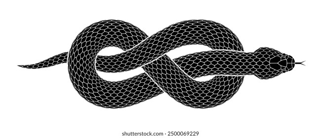 La serpiente de Vector se enrolló en una figura de ocho nudos. Ilustración de la silueta animal negra. Diseño de tatuaje de serpiente aislado sobre fondo blanco.