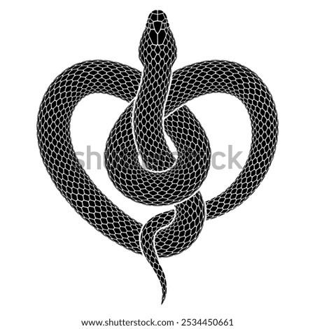 Vector snake is curled up in a knot in the form of a heart symbol. Illustration of black animal silhouette. Serpent tattoo design isolated on white background.