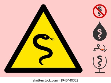 Vector snake flat warning sign. Triangle icon uses black and yellow colors. Symbol style is a flat snake attention sign on a pink background. Icons designed for caution signals, road signs,