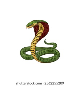 vector snake. green and yellow cobra with red hood. realistic animal design. layered illustration. 