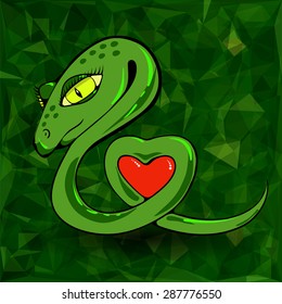 Vector Snake and Heart  on Green Polygonal Background 