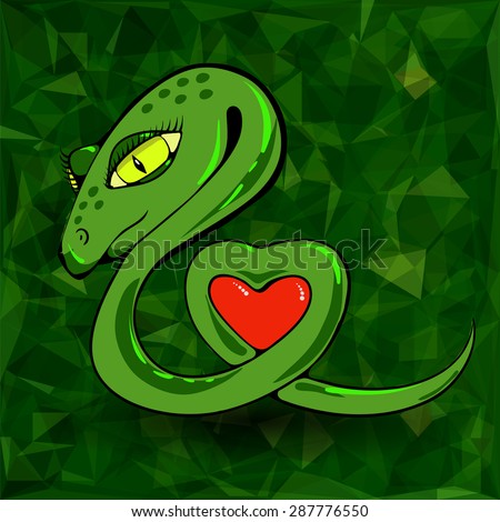 Vector Snake and Heart  on Green Polygonal Background 