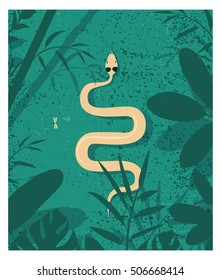Vector snake in the jungle. Green background. Snake in the wood. A reptile on a grass. A poster with the nature. Wild jungle. Vector nature. Tropical foliage. Natrix