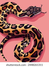 Vector snake with leopard print on pink background . Ready made poster design in trendy bright colours and modern design