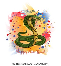 vector snake on bright festive background with red text. 2025 happy new year. greeting card. chinese zodiac. winter holiday. green and yellow cobra with hood. realistic animal. layered illustration 