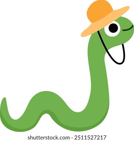 Cobra vetorial em ícone de chapéu laranja. Cartoon arqueólogo animal clipart. Histórico dinossauro escavação ou escavações cientista ou explorador ilustração. Imagem de réptil bonito para crianças
