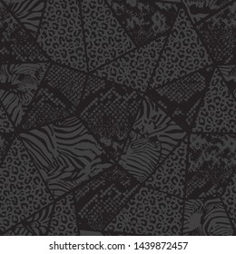 Vector snake skin, leopard, zebra, camouflage  patterns texture mixed on mosaic background  repeating seamless monochrome black and gray . Fashionable print. Fashion and stylish background
