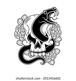 vector snake and skull tattoo design with banner and flower