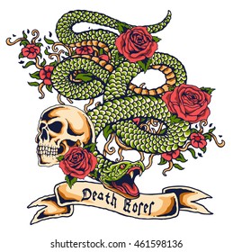 vector snake and skull tattoo design with banner and flower