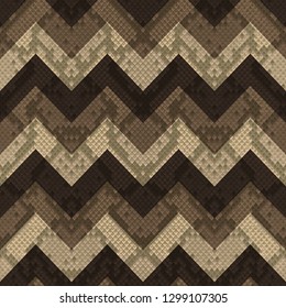 Vector snakeskin geometric seamless pattern. Beige and brown zigzag reptile surface, modern animal background, repeat horizon wallpaper.