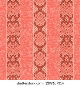 Vector snakeskin geometric seamless pattern. Pink and coral striped reptile surface, modern animal background, repeat wallpaper.