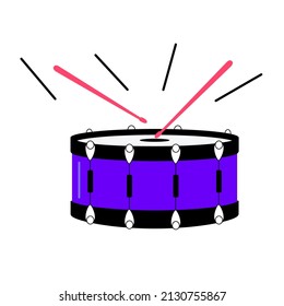 Vector snare drum and playing drumsticks on the white background.