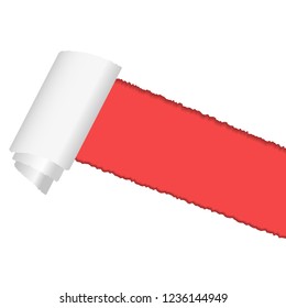 Vector snatched hole in sheet of white paper with soft shadow, paper curl and red background. Paper mockup illustration.
