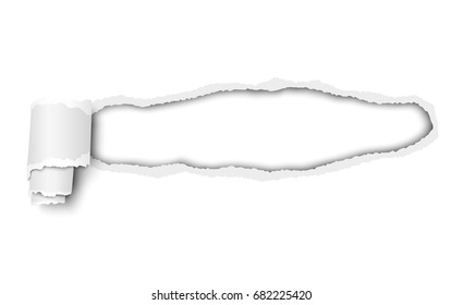 Vector snatched hole in white paper with torn edges and paper curl. Template paper design.