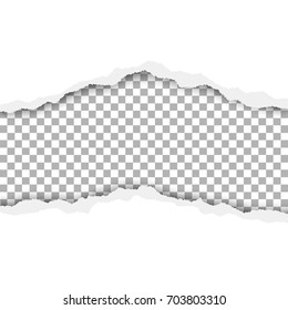 Vector snatched hole in white paper with transparent background. There are torn edges, soft shadow and space for text, copy or ad. Template paper design.