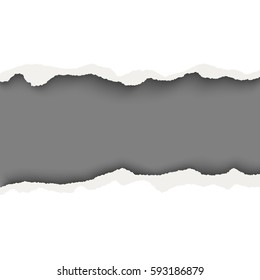 Vector snatched horizontal lane with torn edges in sheet of white paper. Dark gray background of the resulting window.Template paper design.