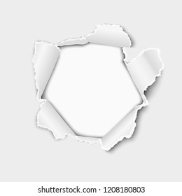 Vector snatched middle of white paper with torn edges, soft shadow and space for text. Damaged sheet with white background for ad and other aims. Template paper design.
