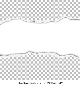 Vector snatched strip from transparent paper sheet with torn edges and white background. Template paper design.