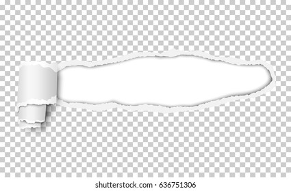 Vector snatched window in piece of transparent paper with torn edges and paper curl. White resulting window with space for text, copy or ad. Template paper design.