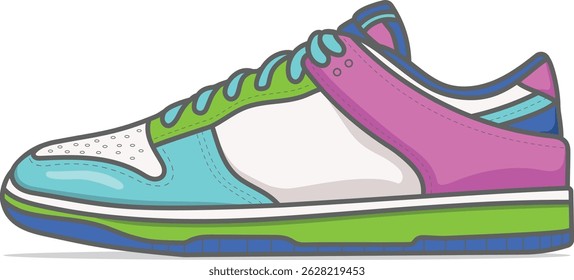 Tênis vetor em tons roxos, verdes e azuis. Projetado com perfil lateral para uso em design de moda esportiva, modelos de vestuário digital, ativos de marca e visuais na Web.