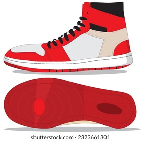 Vector sneaker shoe side and bottom view in red, Sport shoes