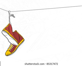 Vector - Sneakers Hanging on wire on White Background svg