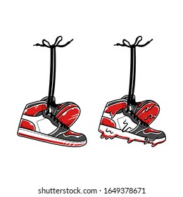 Vector of sneakers hanging with shoelaces