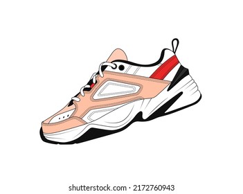 Vector sneakers illustration, isolated on white background. Modern sneaker silhouette shape. Vintage girl trainers, linear sketch. Run shoe icon. Realistic footwear symbol. Casual shoes style