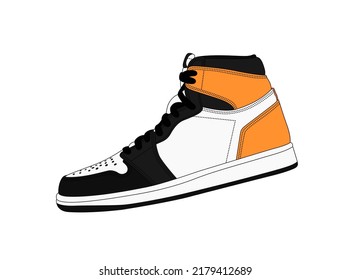 Vector sneakers illustration, isolated on white background. Basketball shoe linear silhouette. Black, white, orange trainers mockup. Sneaker shop logo. Man sport footwear. Casual fashion banner