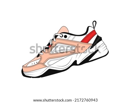 Vector sneakers illustration, isolated on white background. Modern sneaker silhouette shape. Vintage girl trainers, linear sketch. Run shoe icon. Realistic footwear symbol. Casual shoes style