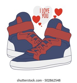 Vector Sneakers or Runners isolated on a white background. Trainers Shoes Vector Illustration. Heart Shaped Speech bubble text "I love you". Trainers icon for Valentine's day, Love Confessions etc