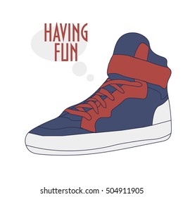 Vector Sneakers or Runners Shoe isolated on a white background. Trainers Shoe Vector Illustration. Speech bubble with text "Having Fun". Trainers or Sport Shoe icon.