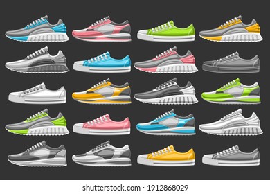 Vector Sneakers Set, 20 cut out illustrations of different multi colored, black and white football and soccer sneakers, group of many unisex kids diverse sneakers for display of sporting goods store.