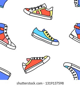 Vector sneakers shoes seamless pattern, teenage school boys and girls popular street wear. Color modern running footwear background for textile, wrapping paper, social media, shop, web, promotion, ad